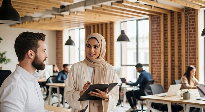 A young businesswoman in a hijab discusses a project with a male colleague in a modern, open-plan setting.
