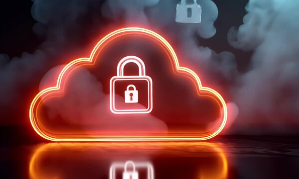 
A digital illustration of cloud security with an orange padlock and red glowing data stream on a dark background,