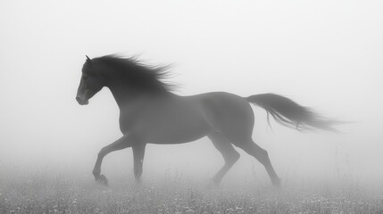 Lone horse is running in a foggy field early in the morning.