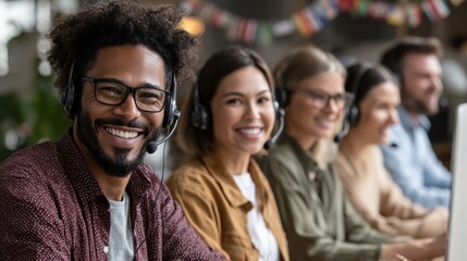 Smiling diverse team members in headsets working together in a modern office environment, exemplifying teamwork and collaboration.