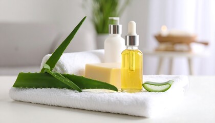 Spa-like setting with aloe vera, oil, soap, and lotion on a white towel