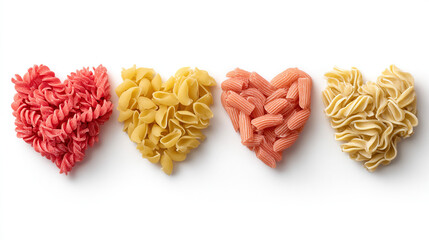 Four heart-shaped pasta varieties on white background