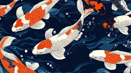 Koi fish are swimming in water with bubbles and ripples around them, many fish with orange, black, and white scales moving in different directions