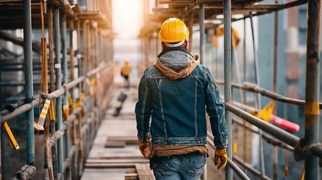 Construction Worker on Scaffold: A construction worker, wearing a protective helmet and denim jacket, walks along a scaffold, overseeing the site, illuminated by the golden hour.