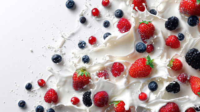 Splash of milk with fruits and berries on a spoon