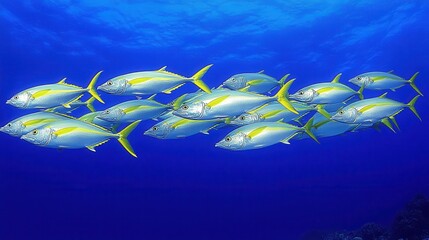 A school of fish swims together in the open ocean. The fish move in the same direction through deep blue water