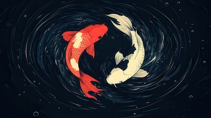 Two koi fish swim in a circular motion, one white and one orange. Forms a yin-yang shape in the black background