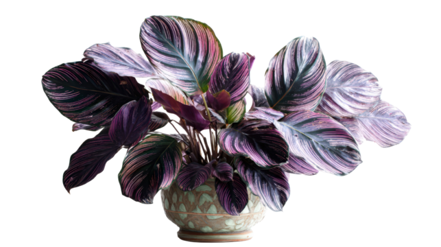 Calathea plant with purple undersides of leaves in decorative pot, isolated on a Transparent background, PNG file.