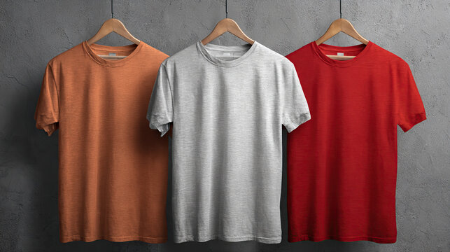 Three plain-colored T-shirts on hangers
