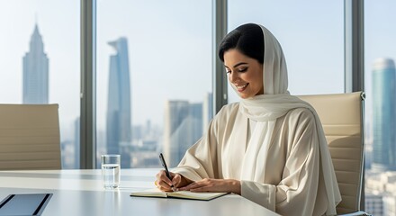 A woman in traditional Middle Eastern attire thoughtfully writes in a notebook while sitting by a large window overlooking a city skyline.