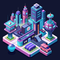 Futuristic isometric cityscape with neon lights and modern architecture