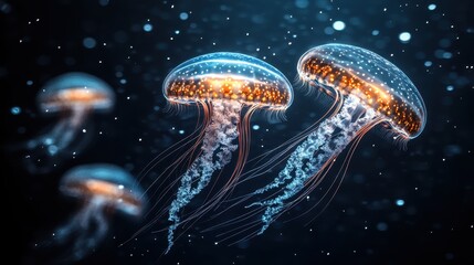 Glowing Jellyfish in the deep water. Glowing bodies and long tentacles are visible in the dark background with glowing particles