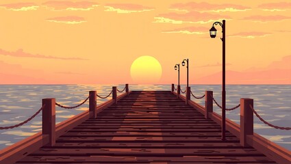 8-bit pixel sunset on a quiet pier, orange glow on wooden planks, subtle water animation in pixel style