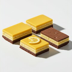  multi-layered "slice" bars (e.g., lemon slice, brownie slice) cut into neat rectangles, showcasing their distinct layers, on a white seamless background with vibrant shadows.