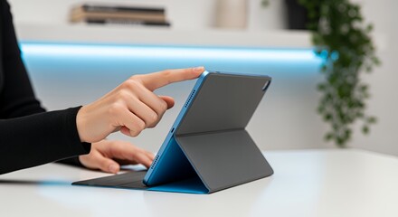 A person's hand gently rests on a sleek, portable tablet computer, showcasing its modern design and user-friendly interface.