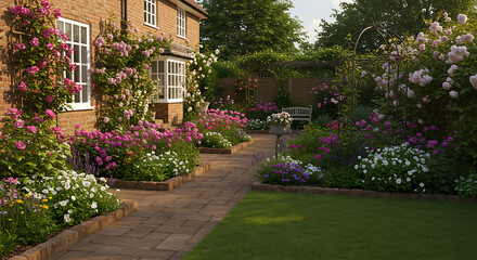 Naklejka premium Charming English cottage garden in the backyard with colorful flowers, green lawn, and brown stone pavement