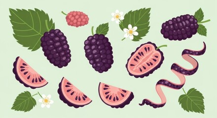 Elegant mulberry illustrations featuring vibrant colors and meticulous botanical details for
