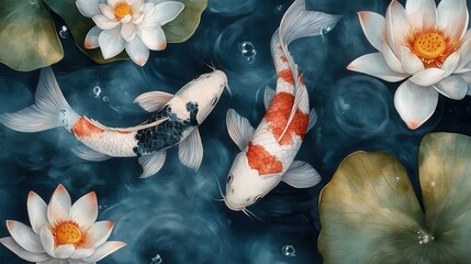 Painting of two koi fish swimming near lotus flowers and large lily pads