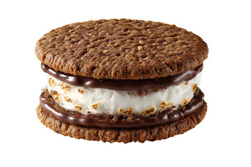 Lion-shaped double dark chocolate cookie ice cream sandwich with creamy toasted marshmallow s’mores filling, PNG cutout on transparent background for dessert menus, confectionery branding