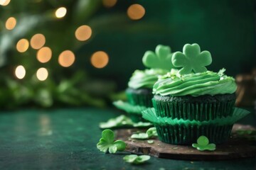 Green and festive St. Patrick's Day cupcakes with shamrocks on a dark green background, bokeh lights for a festive mood.