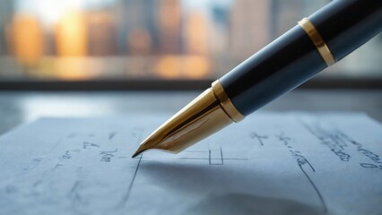 Fototapeta premium Closeup of elegant fountain pen on paper with contract text, office setting with city skyline in background.