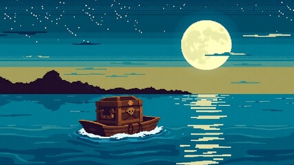 Fototapeta premium 8-bit retro art of a pirate treasure box on a raft drifting through calm waters under a full moon, no characters present 