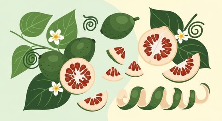 Arrangement of ambarella fruits, leaves, flowers, and peel in a flat graphic style illustration