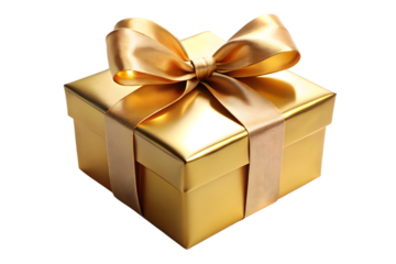 A single, elegant gold gift box with a shimmering satin ribbon and bow, isolated on a transparent background for special occasions