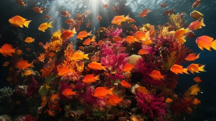 School of vibrant orange fish, illuminated by sunrays filtering through the ocean surface