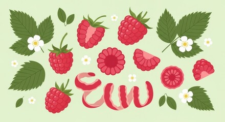 Delightful raspberry assortment with leaves and blossoms in a clean flat illustration style with