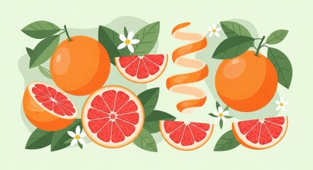 Vibrant grapefruit arrangement, showcasing whole fruits, segments, peel spiral, and botanical