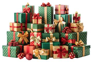 A large stack of christmas gifts in red, green, and gold wrapping paper with festive ribbons and bows, ready for giving isolated on transparent background