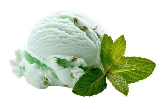 Crisp mint‑green chocolate chip ice cream scoop isolated on a transparent background, ideal PNG cutout for dessert menus, digital scrapbooking, and food packaging design projects