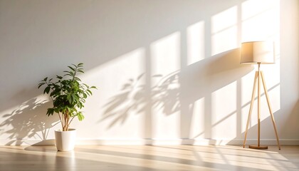 Sunlit minimalist room with plant, lamp, and hardwood floor