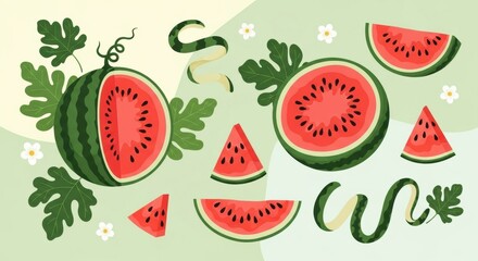 Vibrant watercolor depiction of ripe watermelons with seeds, leaves, and rind elements on a