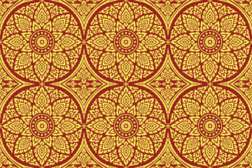 Traditional Thai art seamless bold gold colored floral pattern in damask style motif suitable for wallpaper, curtain, cloth, textile, tile and fabric design isolated over red colored background.
