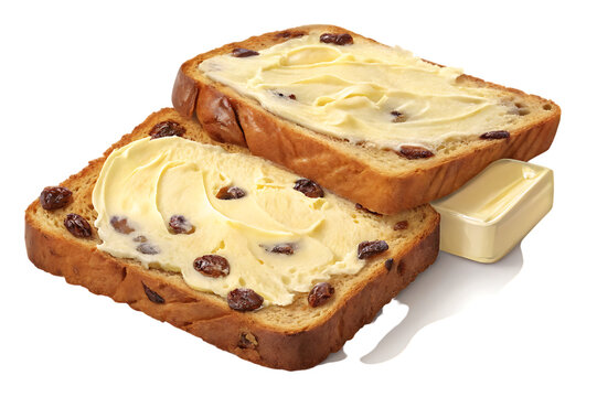 Two slices of raisin bread with butter on a plate