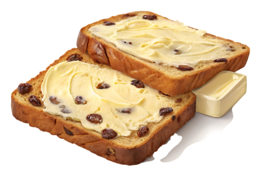 Two slices of raisin bread with butter on a plate