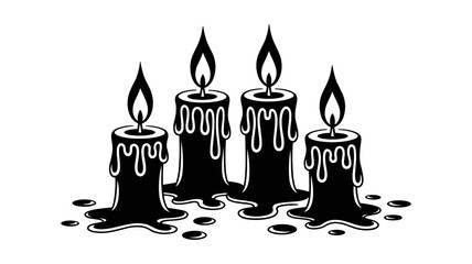 Four dripping black candles with flickering flames on a White background
