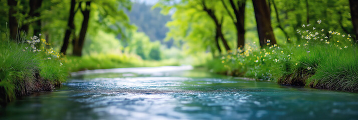 river with clear water flows in forest in summer. Landscape panorama with nature
