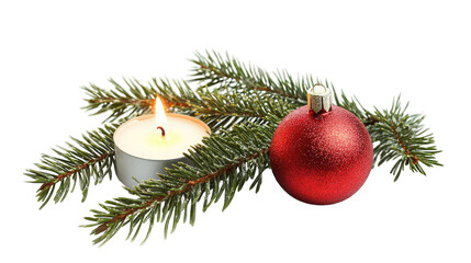 A Lit Candle A Red Christmas Ornament And A Sprig Of Evergreen Create A Festive And Warm Holiday Scene On A Transparent Background