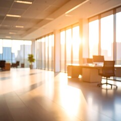 Sunlit modern office space with large windows and city view