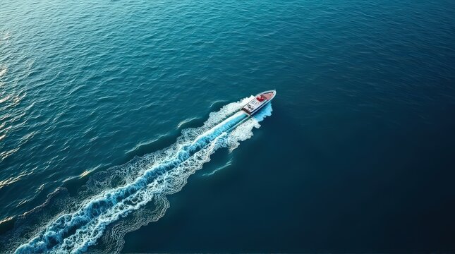 Motorboat Speeding on Calm Blue Ocean Water in Aerial View - Powered by Adobe