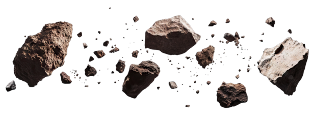 A Collection Of Various Sized Rocks Are Suspended In Mid-air They Are Brown In Color And Are In Various States Of Fragmentation There Are Small Rocks Scattered Around The Larger Pieces The Background