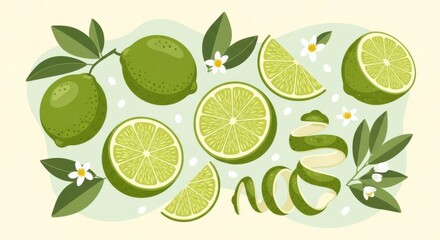 Whimsical lime illustration with segments, zest spirals, and flower accents creating a refreshing