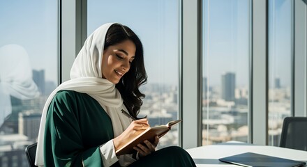 A successful businesswoman in a hijab thoughtfully jots down notes in her journal while enjoying a city view from her .