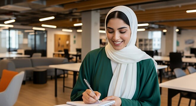 A young woman in a hijab thoughtfully jots down notes in a notebook while sitting in a modern, bright space. - Powered by Adobe