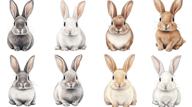 Eight Adorable Bunnies Of Various Colors Sitting And Looking At The Camera On A Transparent Background