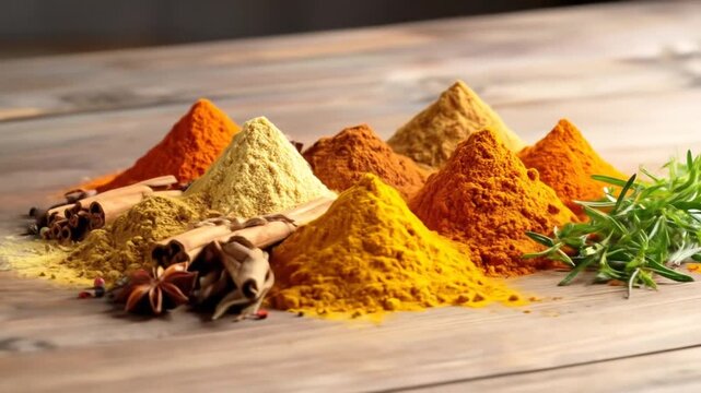 Colorful Spices on Wooden Tabletop - Aromatic Display