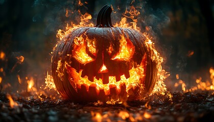Carved Halloween pumpkin jack o lantern engulfed in bright orange flames fire